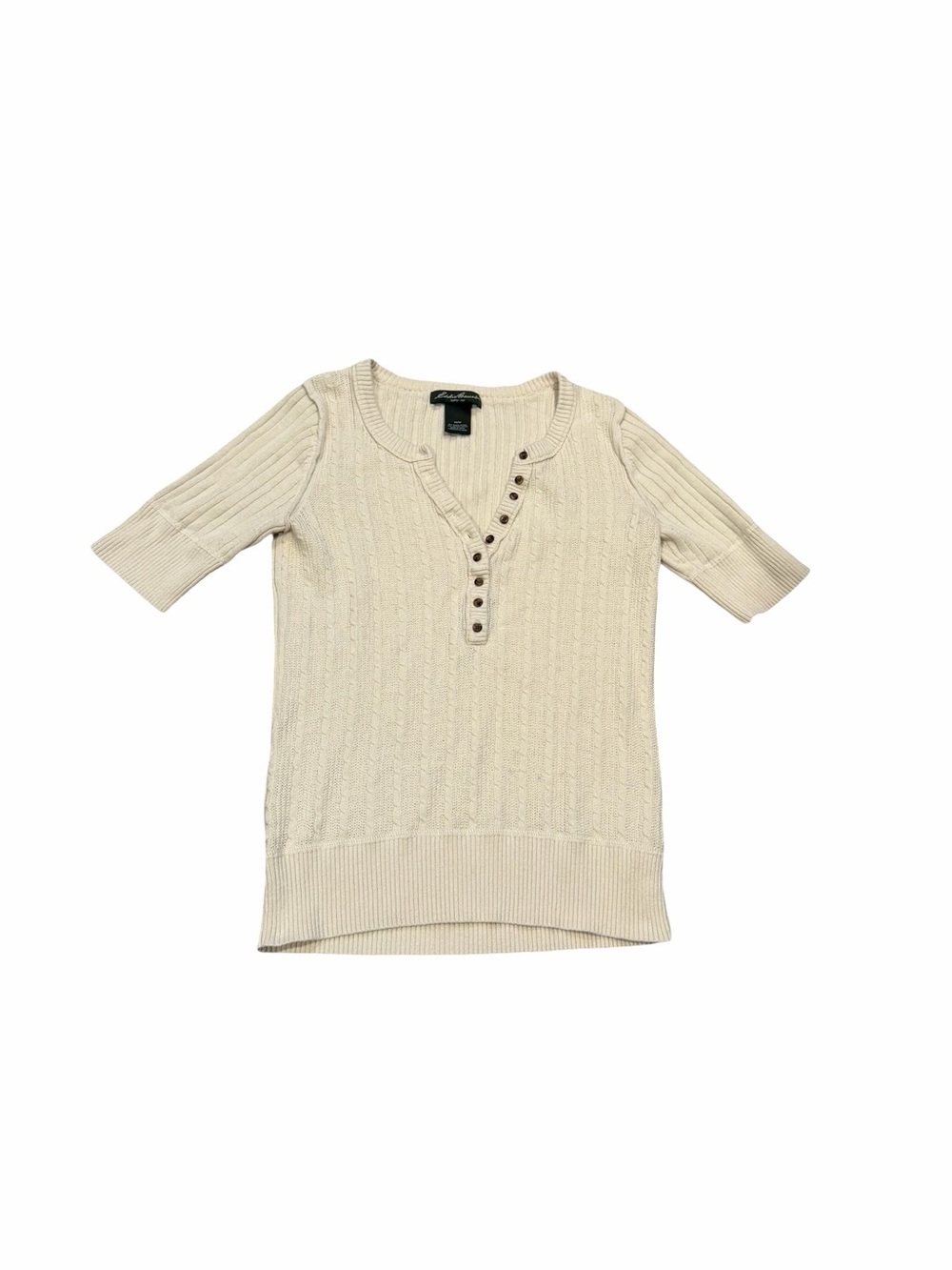 Vintage Eddie Bauer Cream Short-Sleeve V-Neck Cable Knit Sweater